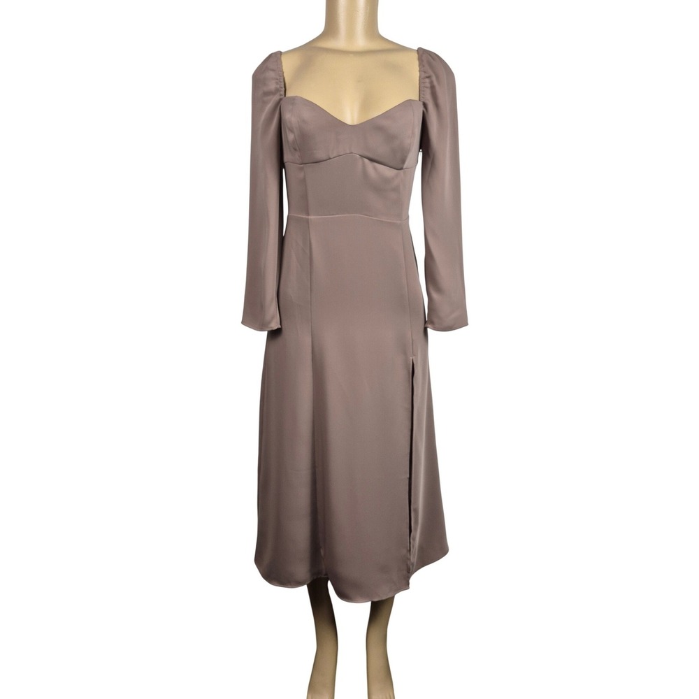 Wilfred Aritzia Novella Midi Dress Taupe Mauve Sweetheart Smocked Long Sleeve 2